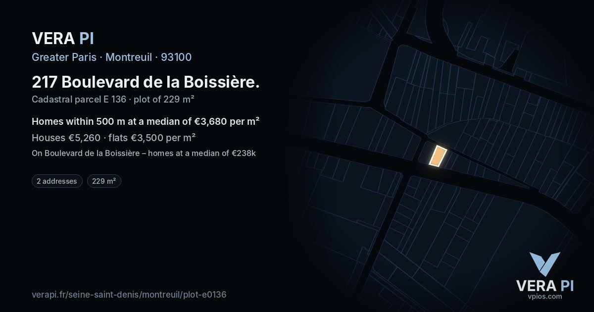 217 Boulevard de la Boissière, Montreuil at night – the plot lit, the parcels around coloured by the prices near them