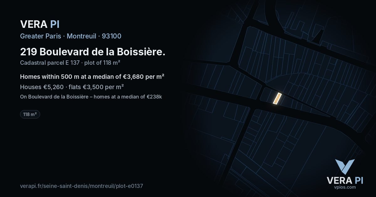 219 Boulevard de la Boissière, Montreuil at night – the plot lit, the parcels around coloured by the prices near them