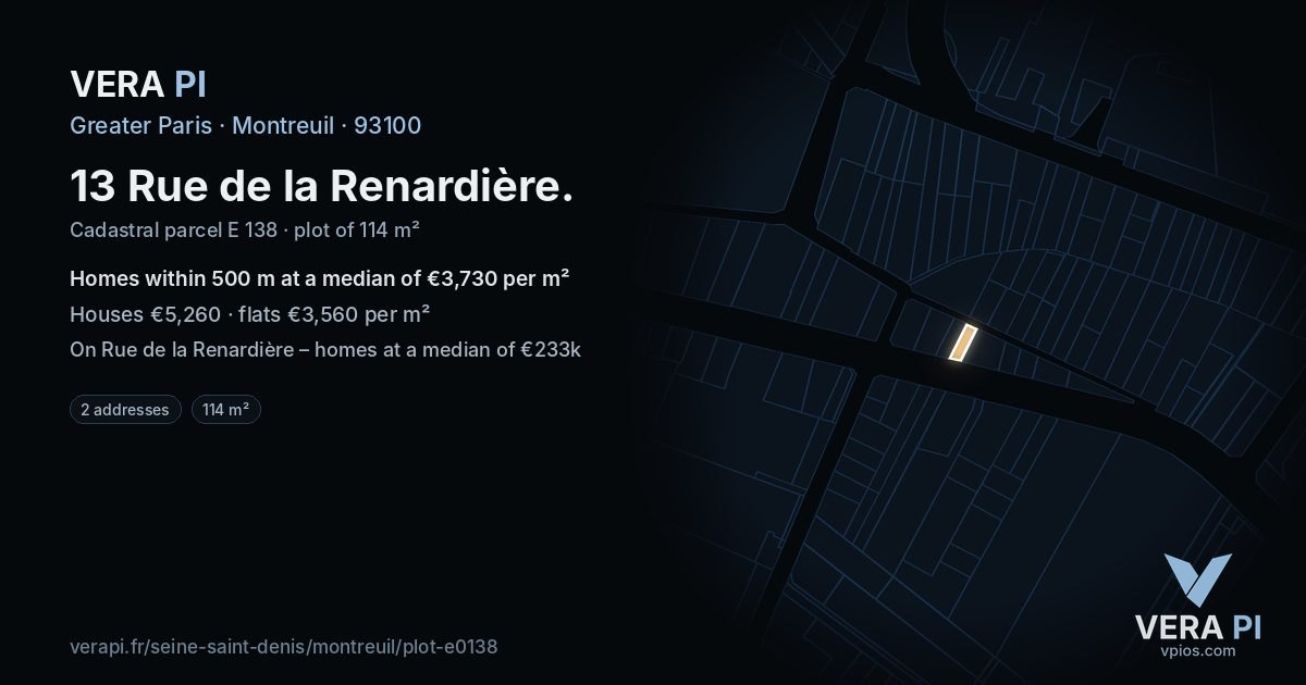 13 Rue de la Renardière, Montreuil at night – the plot lit, the parcels around coloured by the prices near them