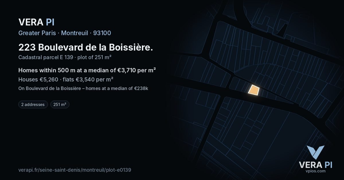 223 Boulevard de la Boissière, Montreuil at night – the plot lit, the parcels around coloured by the prices near them