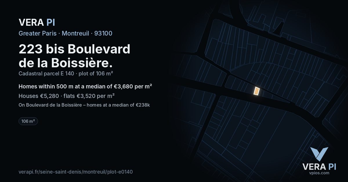223 bis Boulevard de la Boissière, Montreuil at night – the plot lit, the parcels around coloured by the prices near them