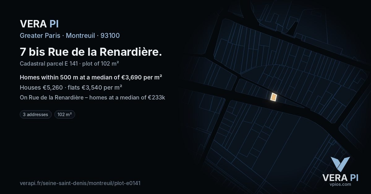 7 bis Rue de la Renardière, Montreuil at night – the plot lit, the parcels around coloured by the prices near them