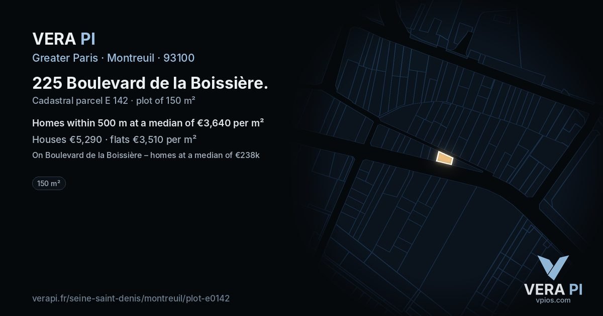 225 Boulevard de la Boissière, Montreuil at night – the plot lit, the parcels around coloured by the prices near them
