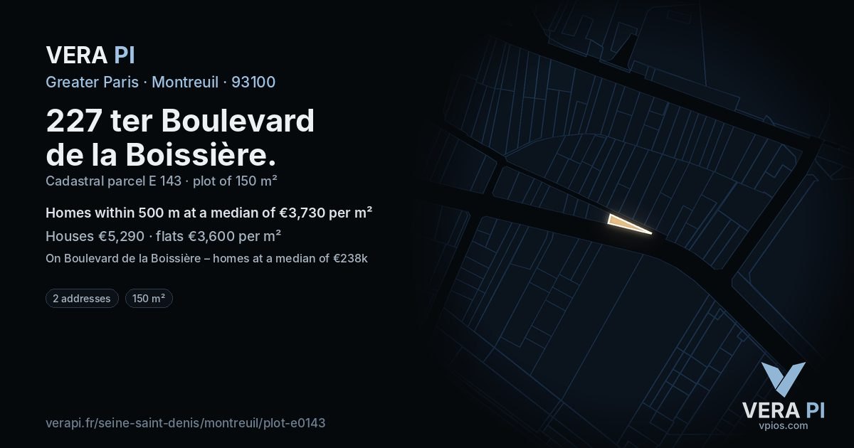 227 ter Boulevard de la Boissière, Montreuil at night – the plot lit, the parcels around coloured by the prices near them