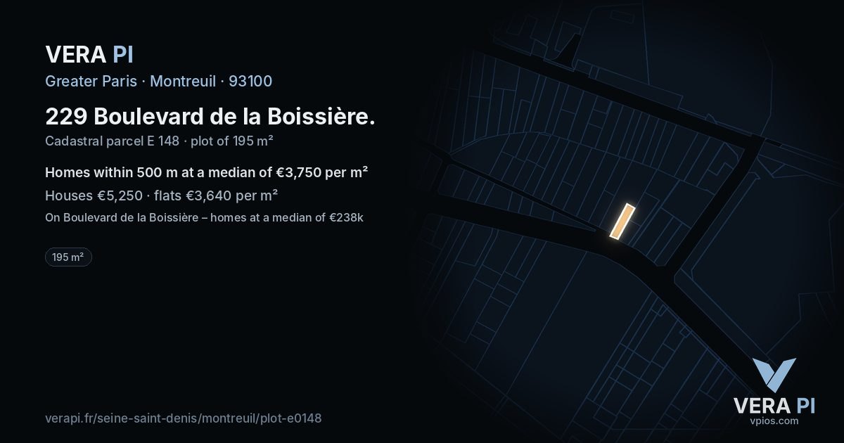 229 Boulevard de la Boissière, Montreuil at night – the plot lit, the parcels around coloured by the prices near them