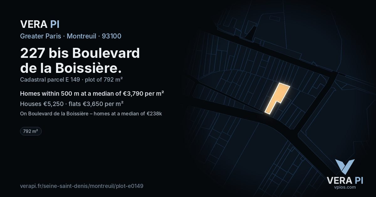 227 bis Boulevard de la Boissière, Montreuil at night – the plot lit, the parcels around coloured by the prices near them