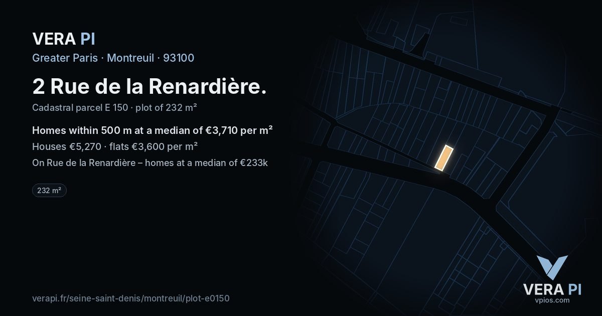 2 Rue de la Renardière, Montreuil at night – the plot lit, the parcels around coloured by the prices near them
