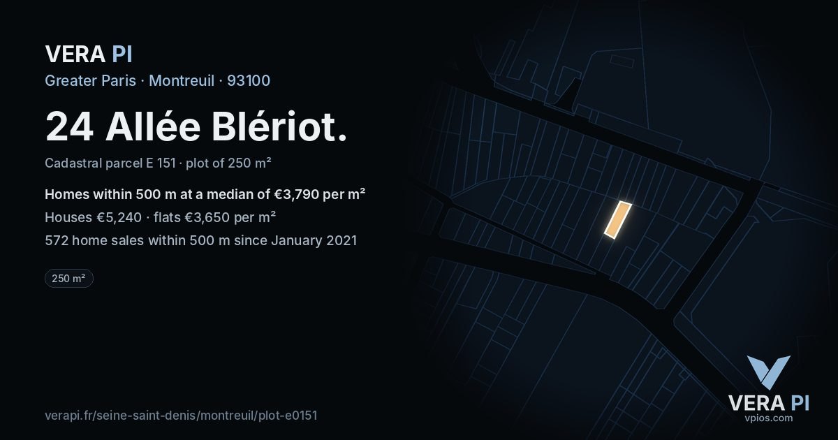 24 Allée Blériot, Montreuil at night – the plot lit, the parcels around coloured by the prices near them