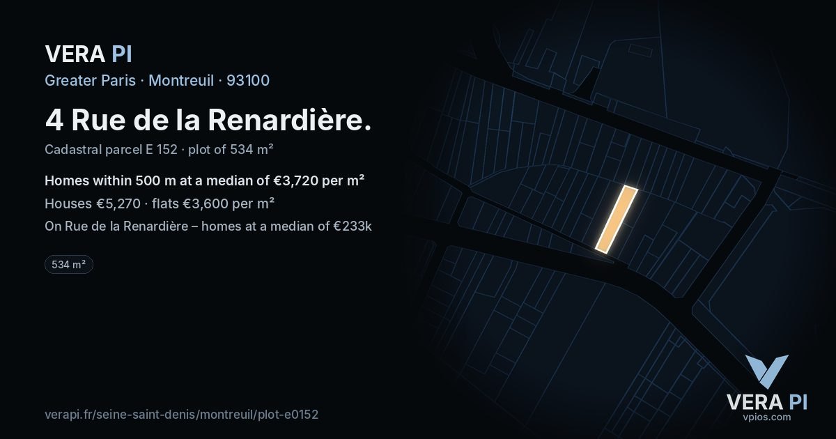 4 Rue de la Renardière, Montreuil at night – the plot lit, the parcels around coloured by the prices near them