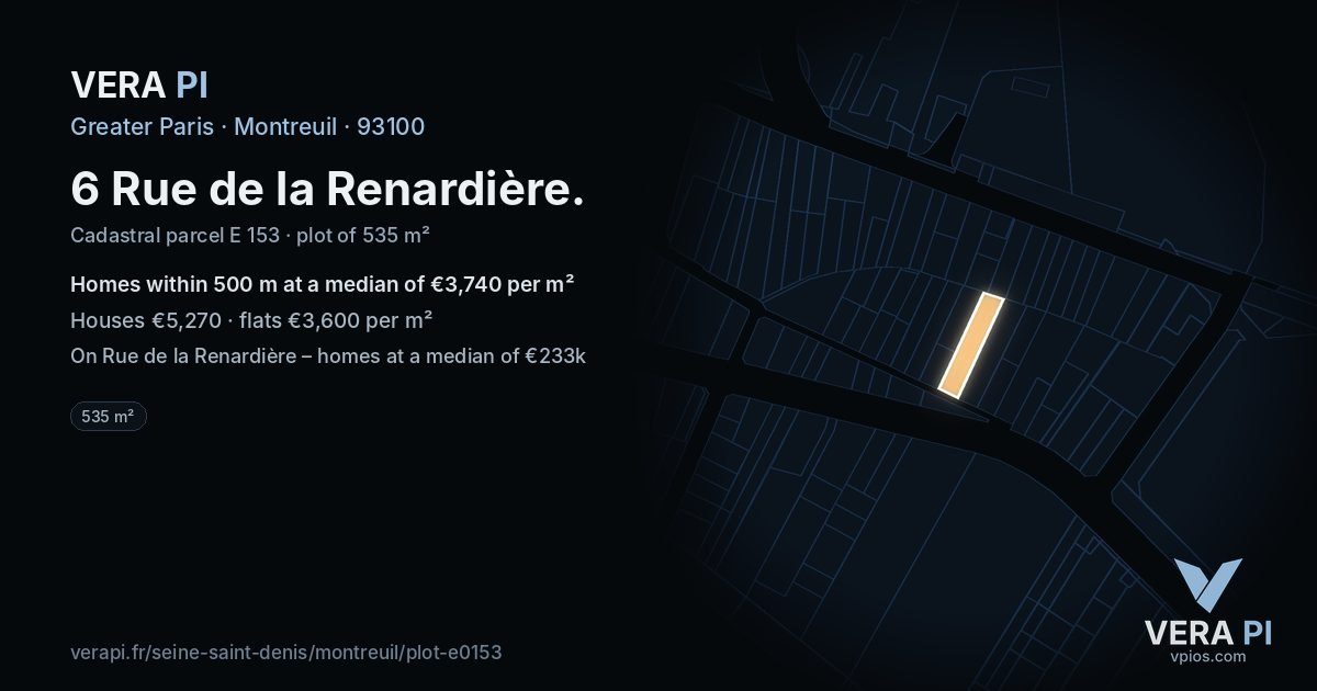 6 Rue de la Renardière, Montreuil at night – the plot lit, the parcels around coloured by the prices near them