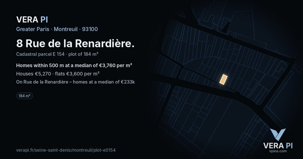 8 Rue de la Renardière, Montreuil at night – the plot lit, the parcels around coloured by the prices near them