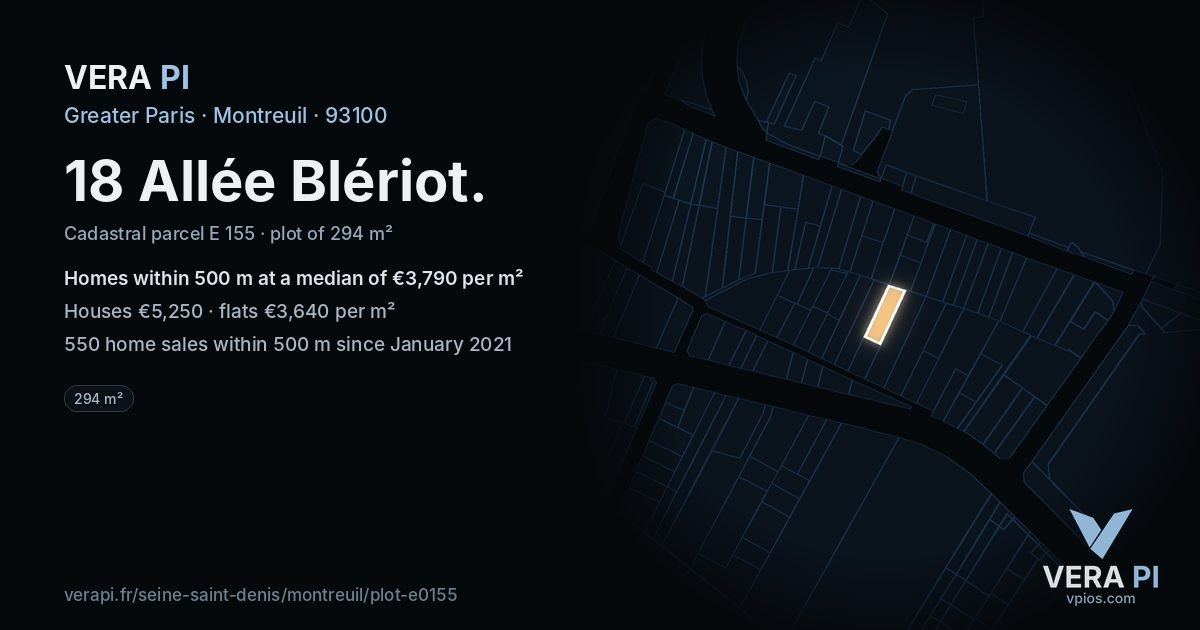 18 Allée Blériot, Montreuil at night – the plot lit, the parcels around coloured by the prices near them