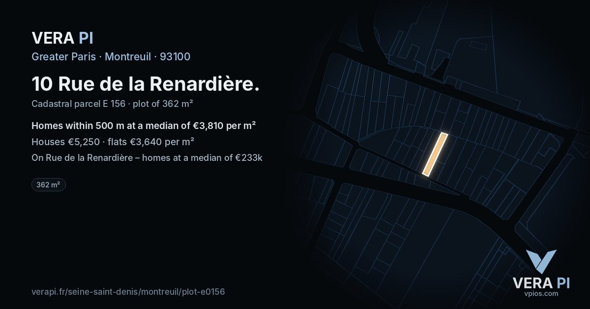 10 Rue de la Renardière, Montreuil at night – the plot lit, the parcels around coloured by the prices near them