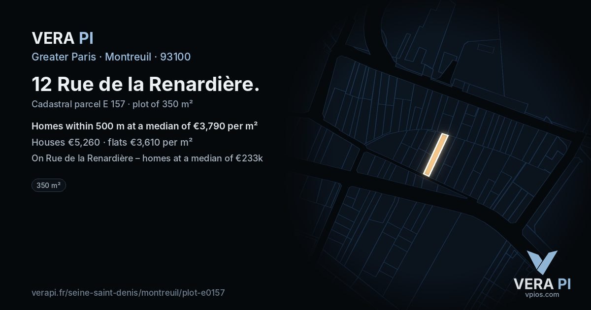 12 Rue de la Renardière, Montreuil at night – the plot lit, the parcels around coloured by the prices near them