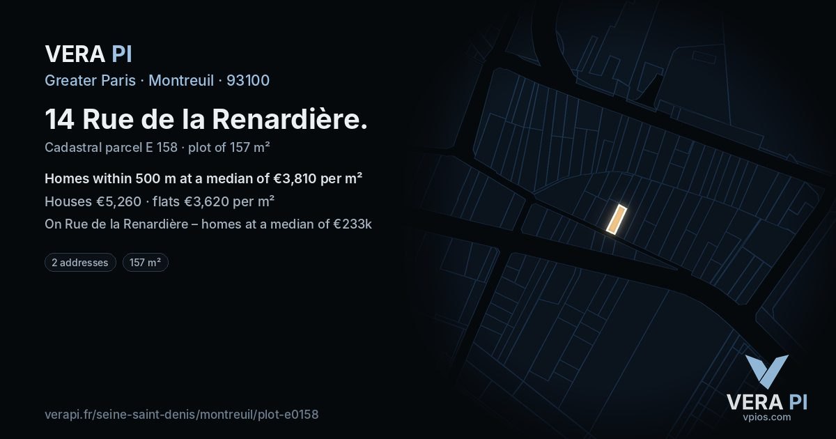 14 Rue de la Renardière, Montreuil at night – the plot lit, the parcels around coloured by the prices near them
