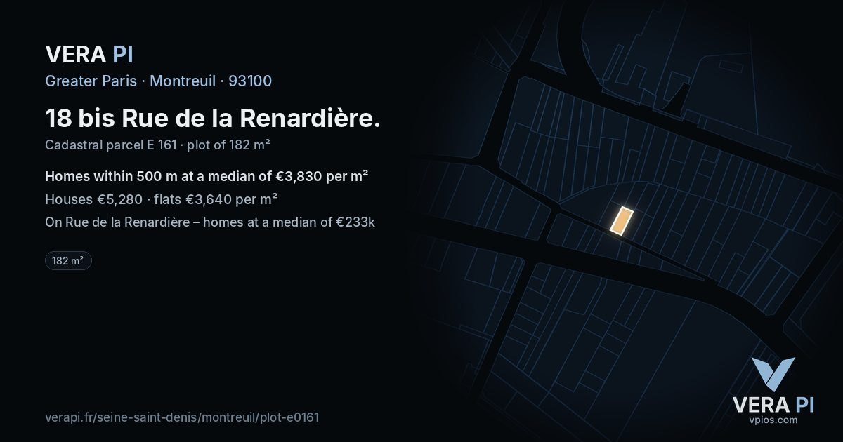 18 bis Rue de la Renardière, Montreuil at night – the plot lit, the parcels around coloured by the prices near them