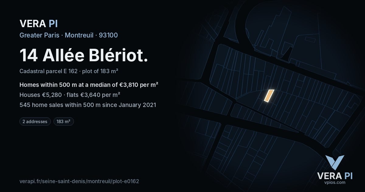 14 Allée Blériot, Montreuil at night – the plot lit, the parcels around coloured by the prices near them