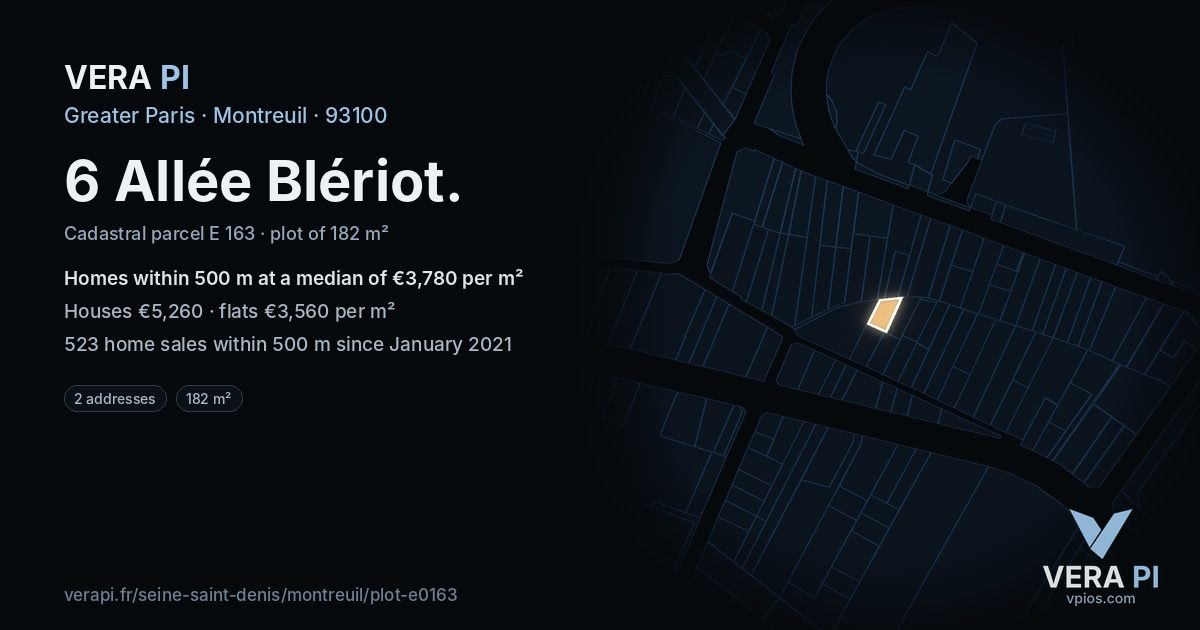 6 Allée Blériot, Montreuil at night – the plot lit, the parcels around coloured by the prices near them