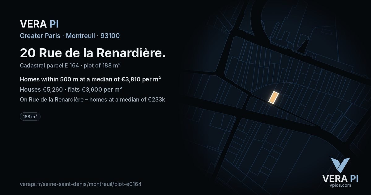20 Rue de la Renardière, Montreuil at night – the plot lit, the parcels around coloured by the prices near them