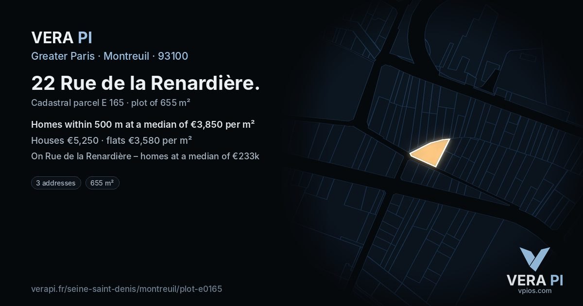 22 Rue de la Renardière, Montreuil at night – the plot lit, the parcels around coloured by the prices near them