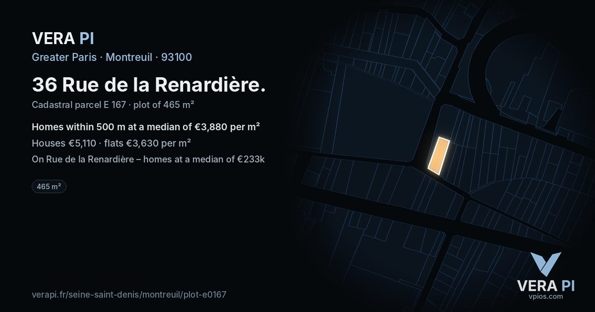 36 Rue de la Renardière, Montreuil at night – the plot lit, the parcels around coloured by the prices near them
