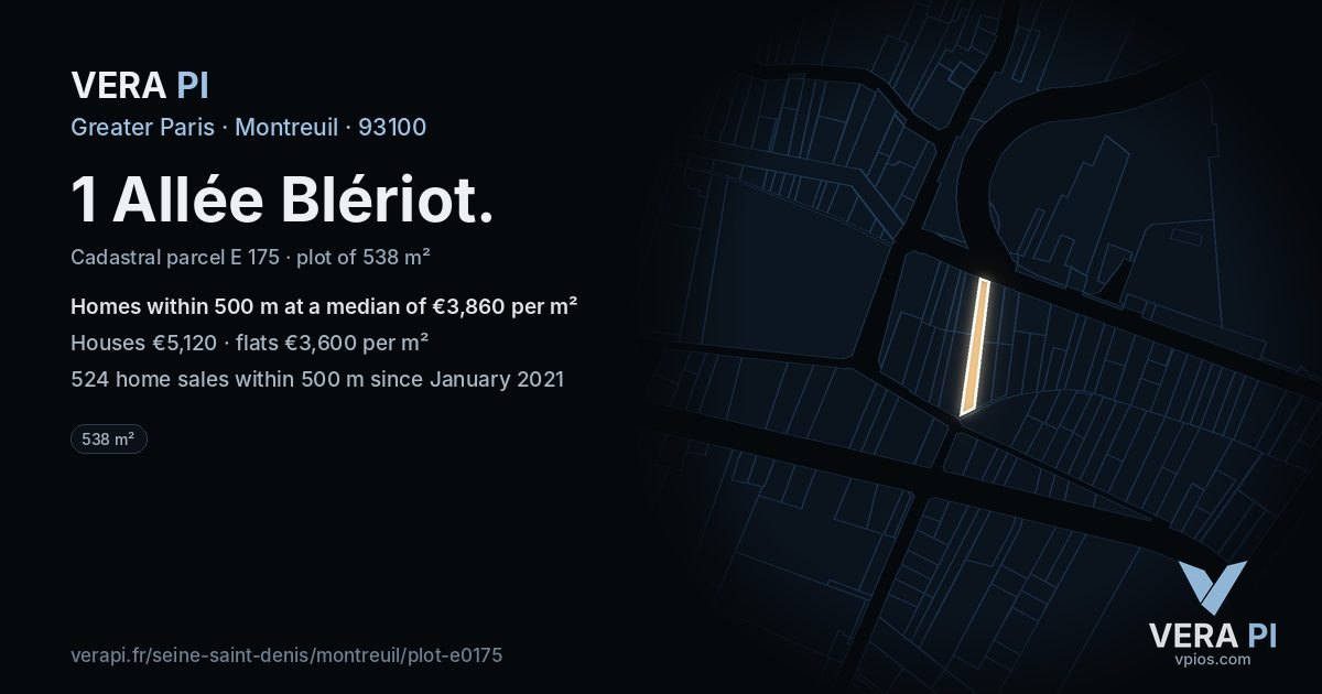 1 Allée Blériot, Montreuil at night – the plot lit, the parcels around coloured by the prices near them