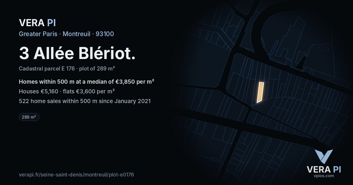 3 Allée Blériot, Montreuil at night – the plot lit, the parcels around coloured by the prices near them