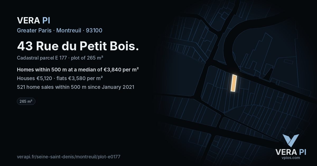 43 Rue du Petit Bois, Montreuil at night – the plot lit, the parcels around coloured by the prices near them