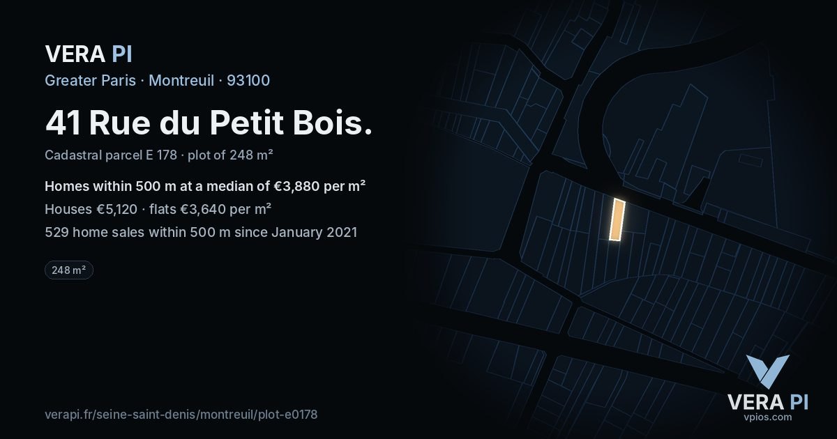 41 Rue du Petit Bois, Montreuil at night – the plot lit, the parcels around coloured by the prices near them