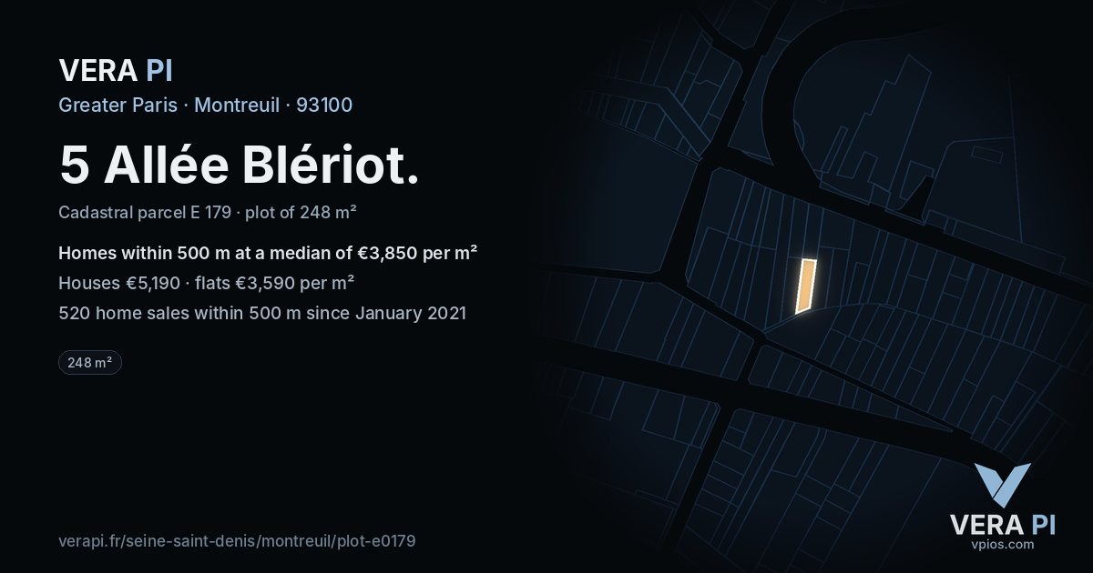 5 Allée Blériot, Montreuil at night – the plot lit, the parcels around coloured by the prices near them