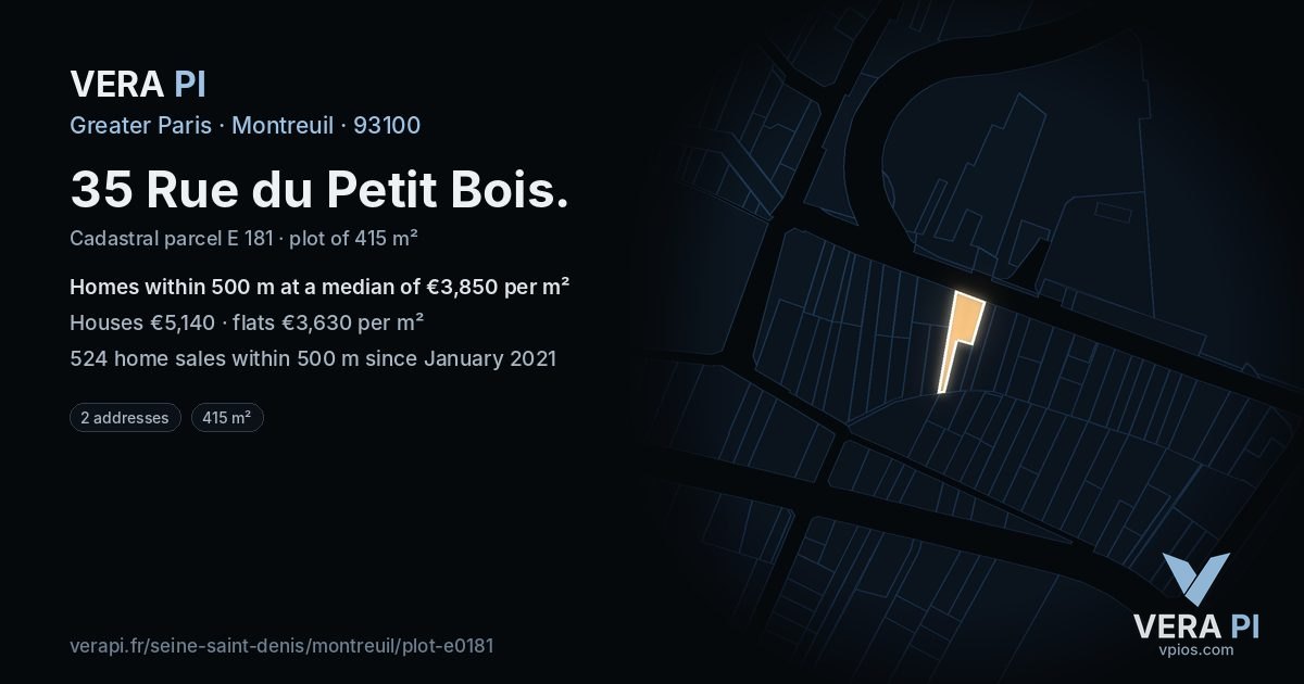 35 Rue du Petit Bois, Montreuil at night – the plot lit, the parcels around coloured by the prices near them