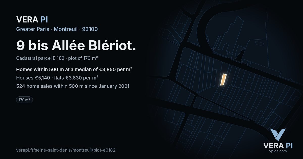 9 bis Allée Blériot, Montreuil at night – the plot lit, the parcels around coloured by the prices near them