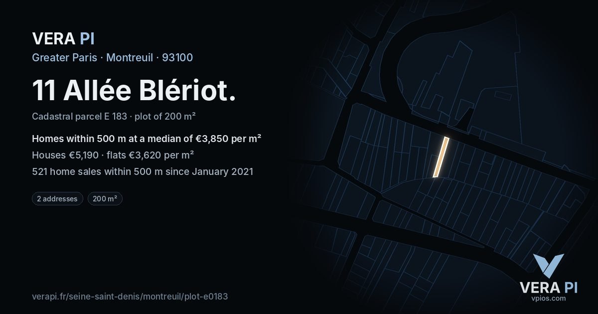 11 Allée Blériot, Montreuil at night – the plot lit, the parcels around coloured by the prices near them