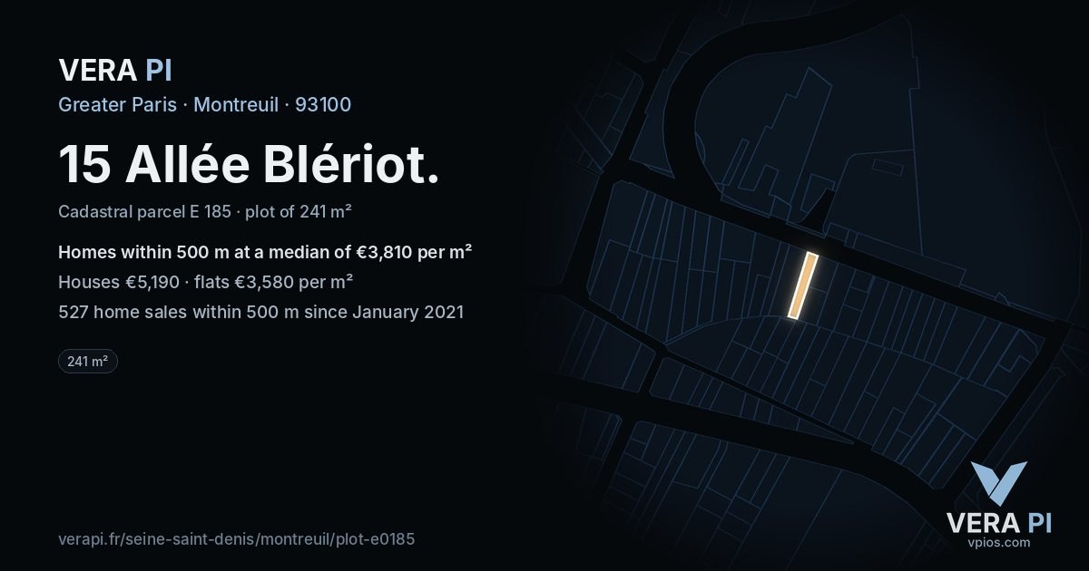 15 Allée Blériot, Montreuil at night – the plot lit, the parcels around coloured by the prices near them