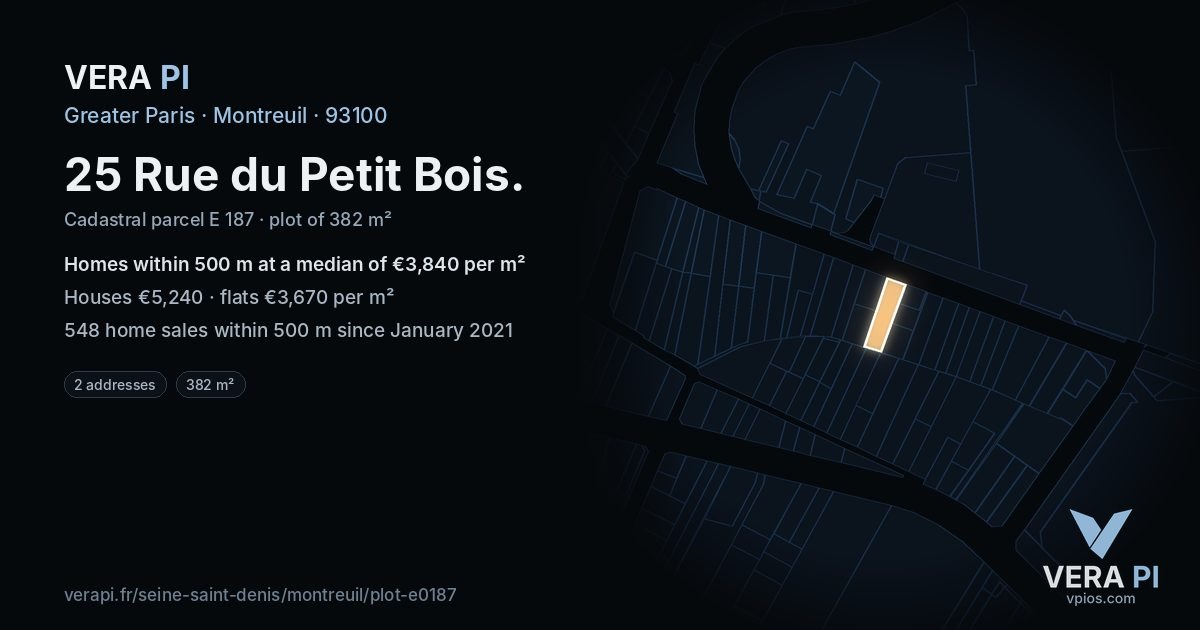 25 Rue du Petit Bois, Montreuil at night – the plot lit, the parcels around coloured by the prices near them