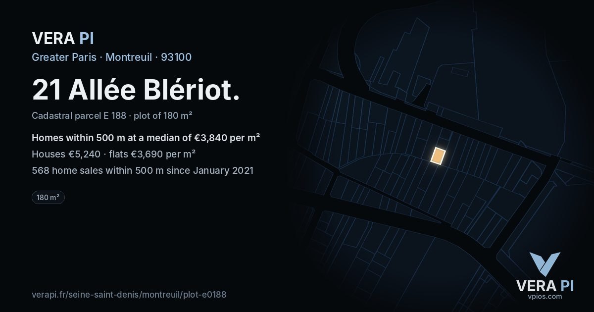 21 Allée Blériot, Montreuil at night – the plot lit, the parcels around coloured by the prices near them