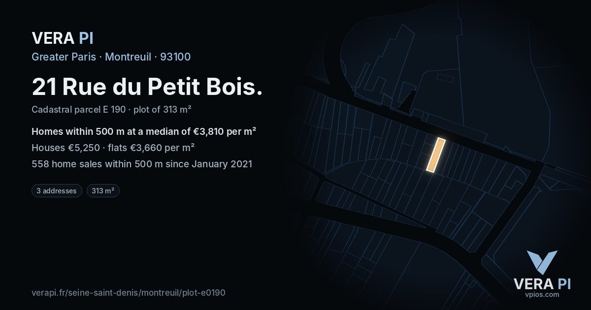 21 Rue du Petit Bois, Montreuil at night – the plot lit, the parcels around coloured by the prices near them