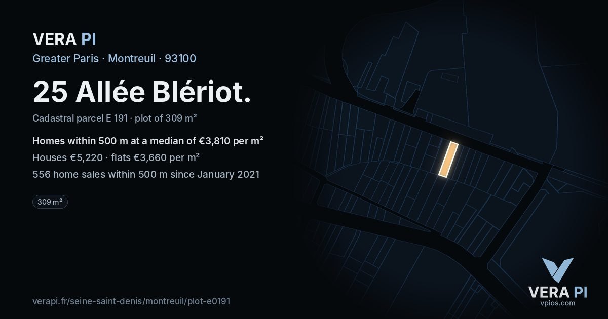 25 Allée Blériot, Montreuil at night – the plot lit, the parcels around coloured by the prices near them