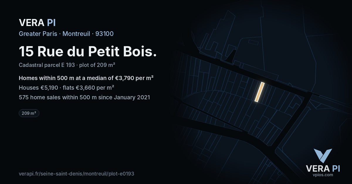 15 Rue du Petit Bois, Montreuil at night – the plot lit, the parcels around coloured by the prices near them