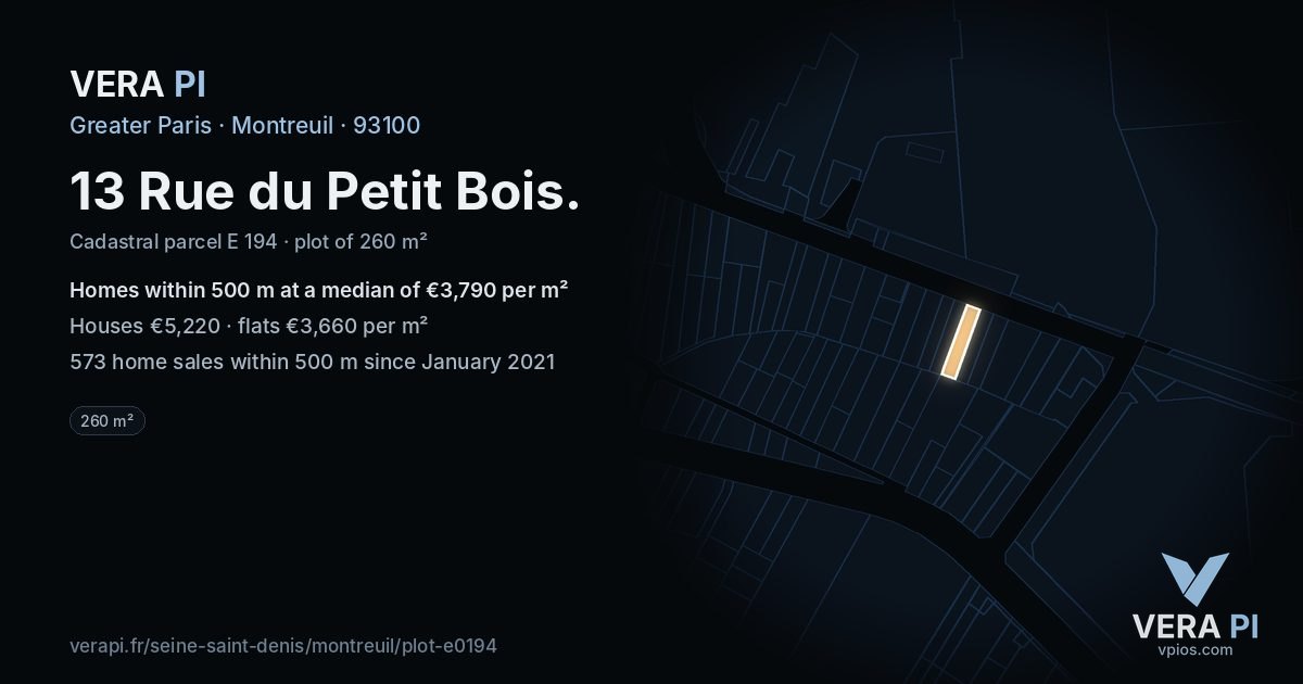 13 Rue du Petit Bois, Montreuil at night – the plot lit, the parcels around coloured by the prices near them