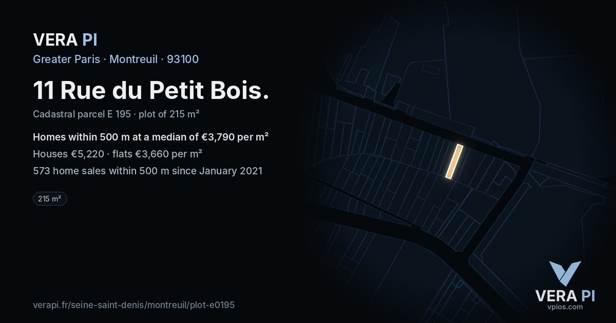 11 Rue du Petit Bois, Montreuil at night – the plot lit, the parcels around coloured by the prices near them