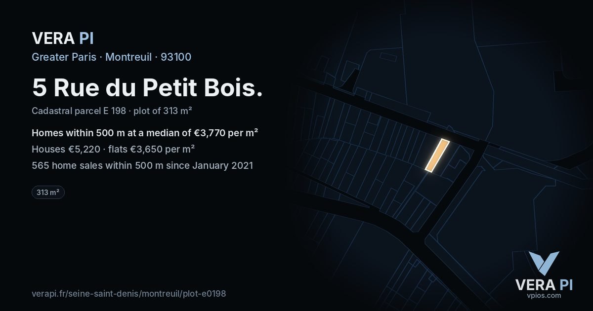 5 Rue du Petit Bois, Montreuil at night – the plot lit, the parcels around coloured by the prices near them