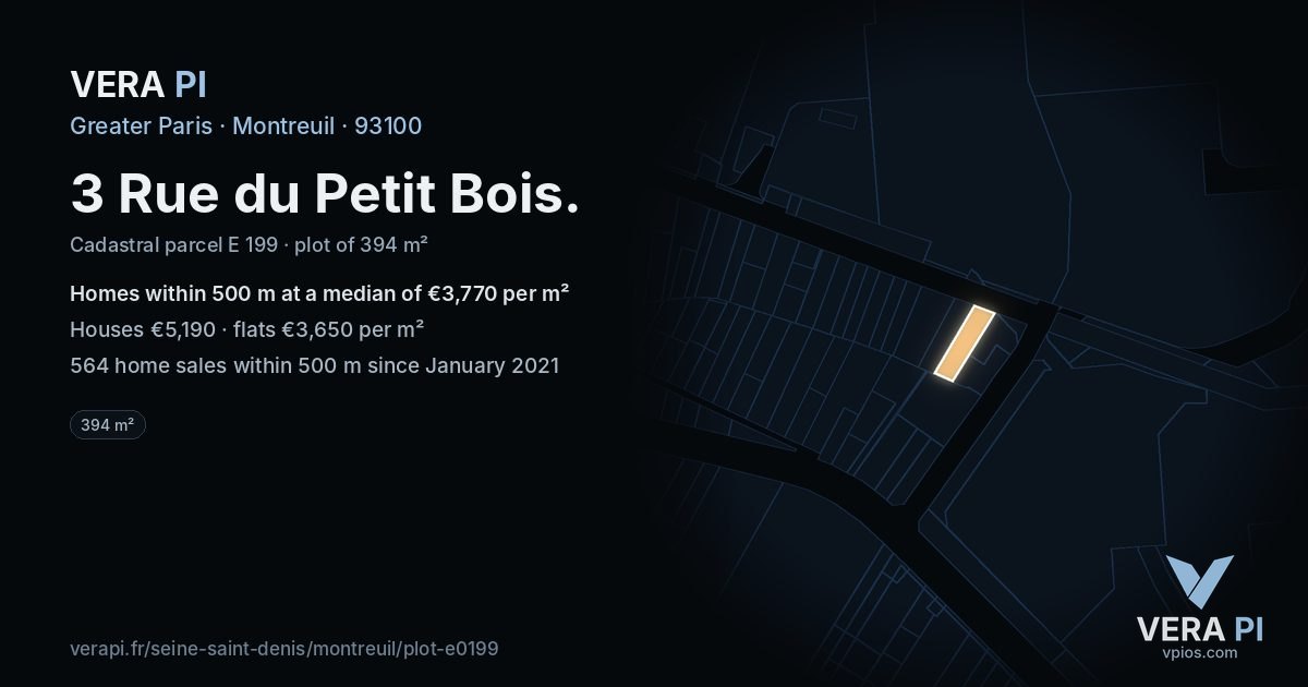 3 Rue du Petit Bois, Montreuil at night – the plot lit, the parcels around coloured by the prices near them