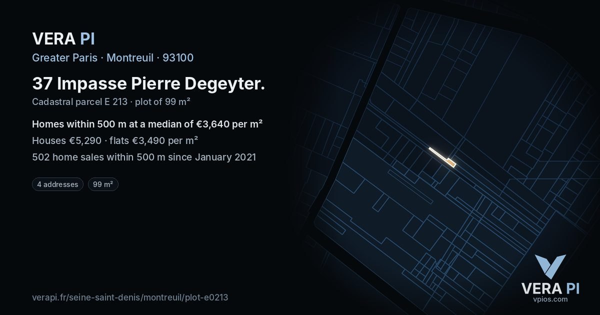37 Impasse Pierre Degeyter, Montreuil at night – the plot lit, the parcels around coloured by the prices near them