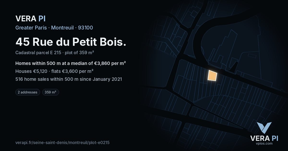 45 Rue du Petit Bois, Montreuil at night – the plot lit, the parcels around coloured by the prices near them