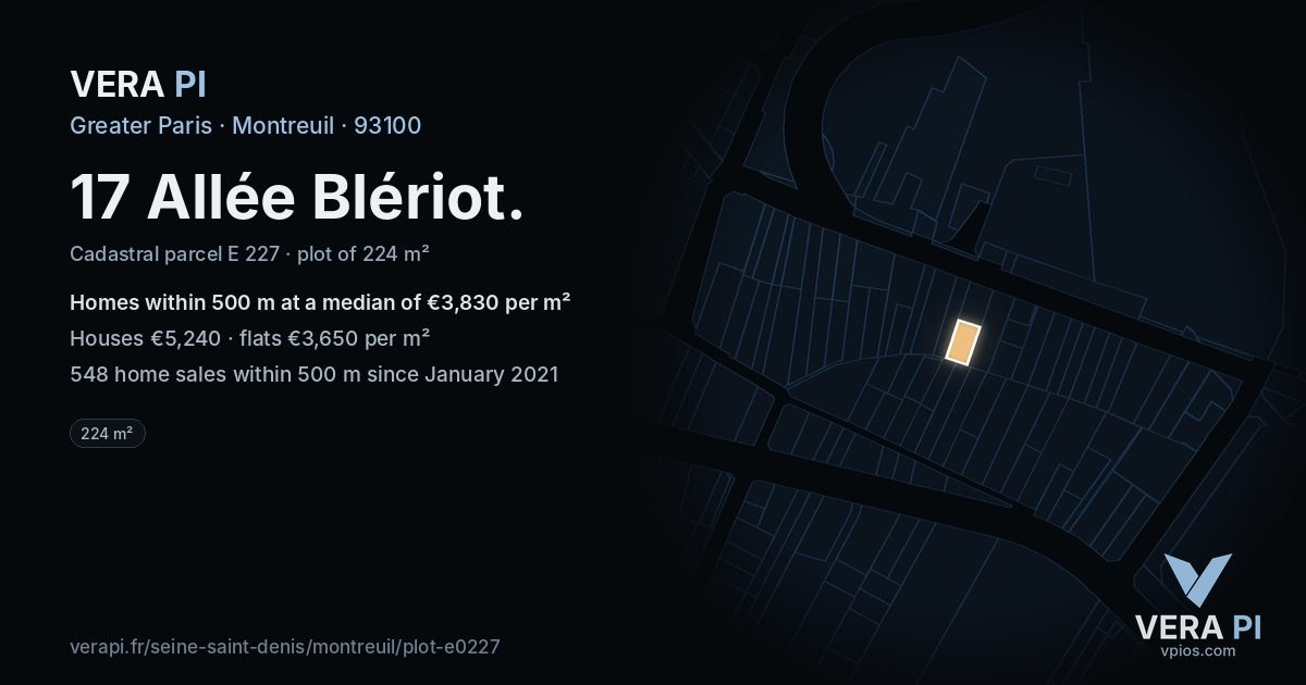 17 Allée Blériot, Montreuil at night – the plot lit, the parcels around coloured by the prices near them