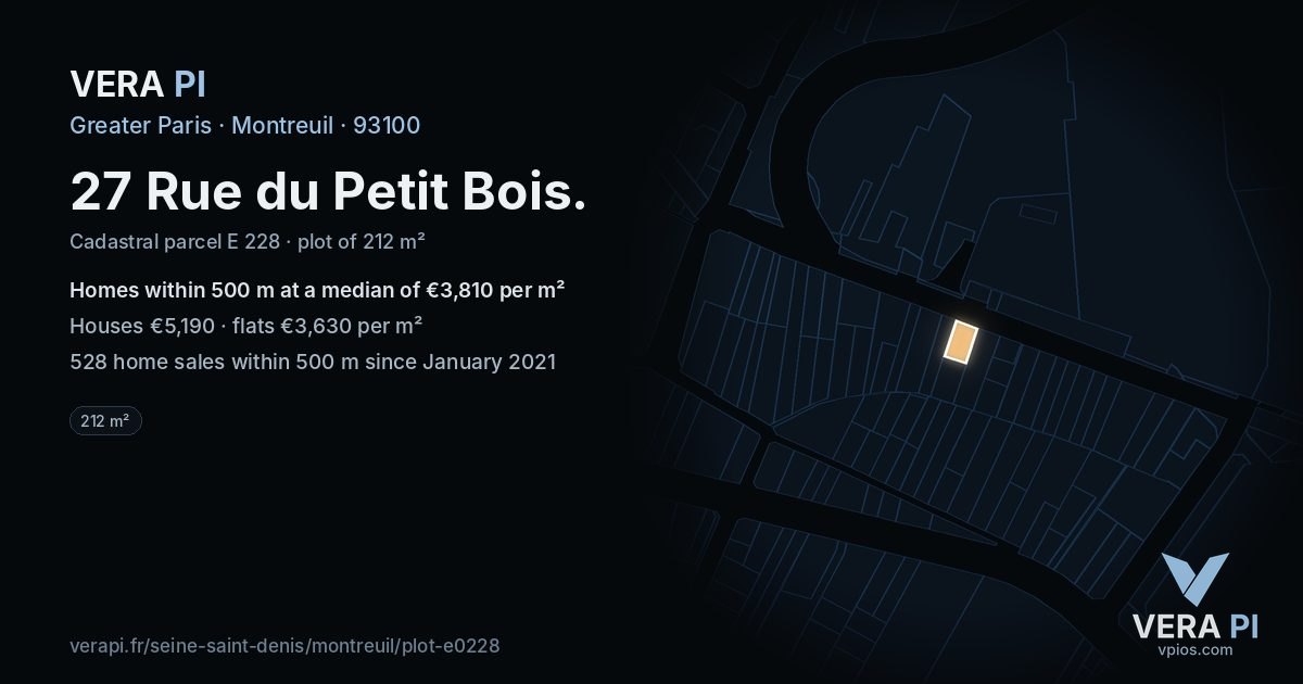 27 Rue du Petit Bois, Montreuil at night – the plot lit, the parcels around coloured by the prices near them