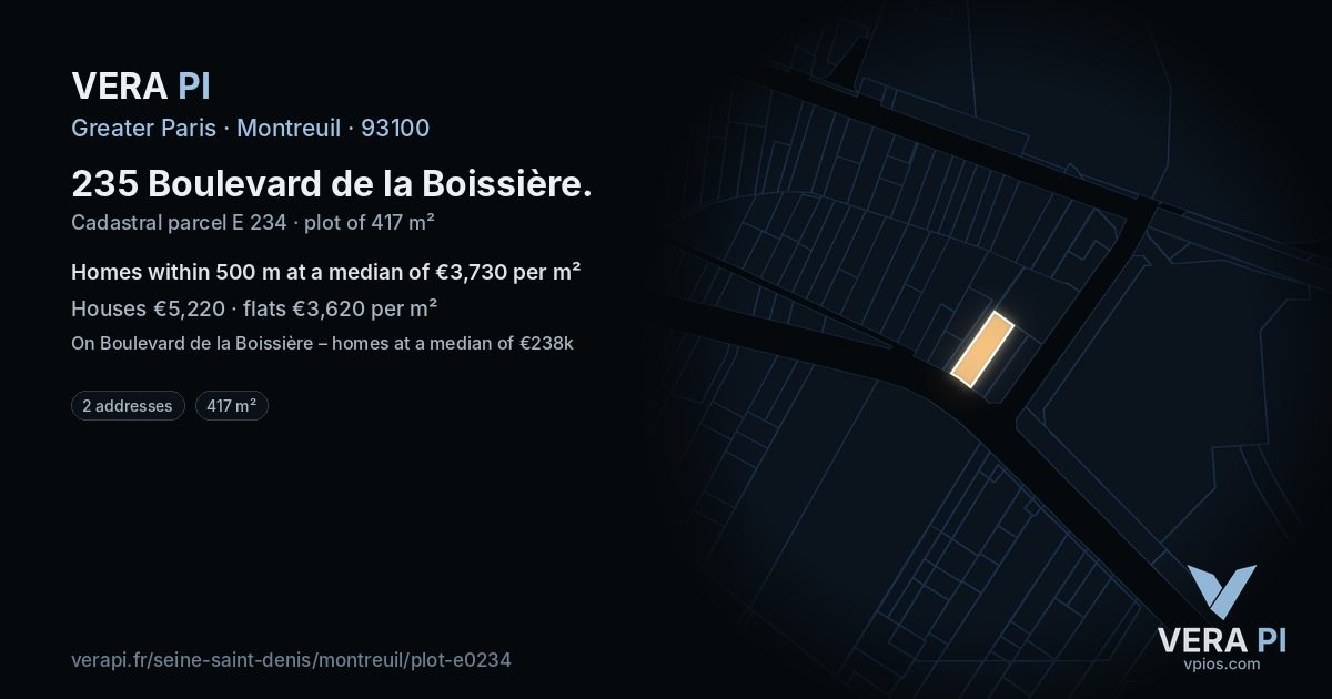 235 Boulevard de la Boissière, Montreuil at night – the plot lit, the parcels around coloured by the prices near them