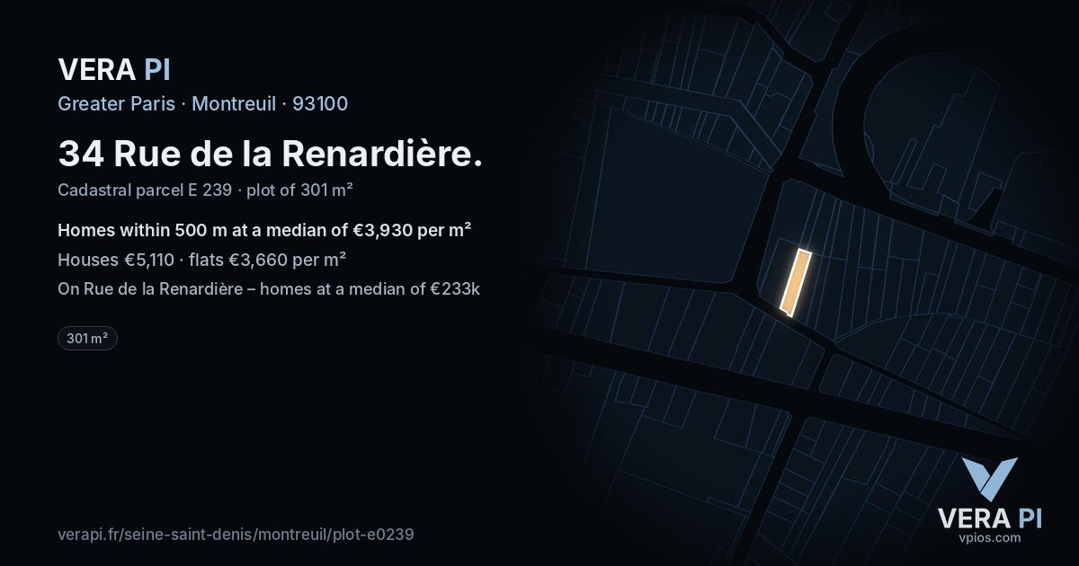 34 Rue de la Renardière, Montreuil at night – the plot lit, the parcels around coloured by the prices near them