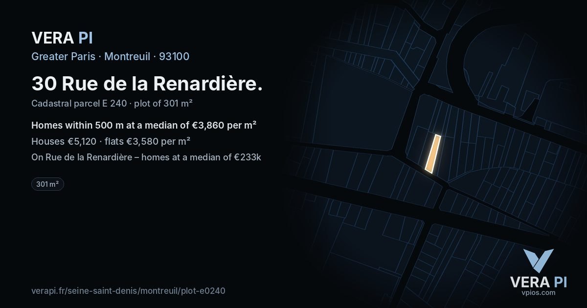 30 Rue de la Renardière, Montreuil at night – the plot lit, the parcels around coloured by the prices near them